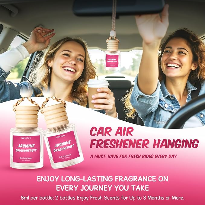 Premium Car Air Freshener Diffuser Set (2 Pack) - Jasmine Dragonfruit Fragrance Oil, 45+ Day Long-Lasting Hanging Auto Freshener