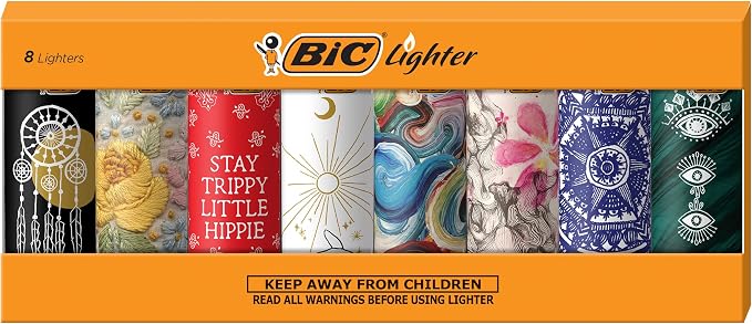 BIC Pocket Lighter, Special Edition Bohemian Collection, Assorted Unique Pocket Lighter Designs, 8-Pack (Colors May Vary)