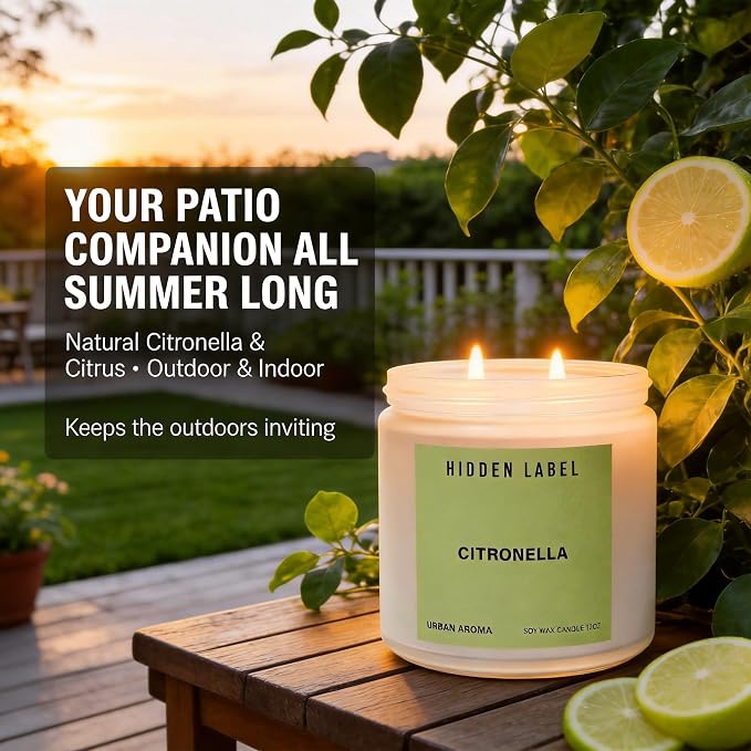 Hidden Label Citronella Candles Outdoor, 12oz 2-Wick, 50H Citrus Fresh | Non-Toxic Vegan Soy Wax | Citrus & Citronella Fresh Outdoor Scent | Even Melt No Tunneling | Patio Deck BBQ Indoor