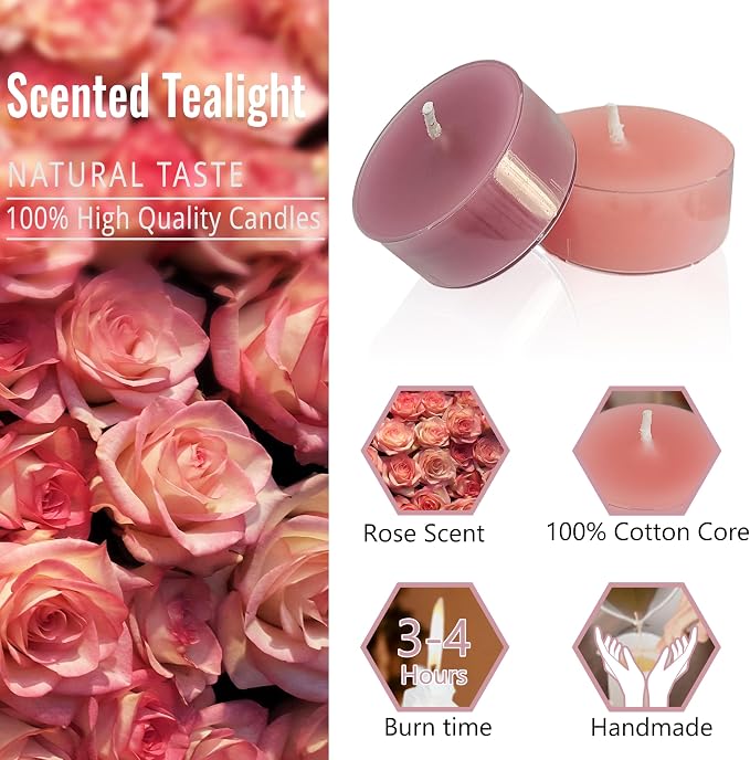 Gradient Pink Tea Lights Set of 24, Rose Scented Tealight Candles, Handmade Tea Candles, Long Burning Tealights for Romantic Wedding Home Decor Gift
