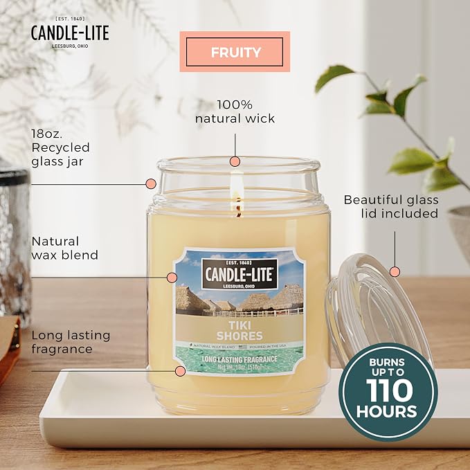 Candle-lite Scented Candles, Tiki Shores, 18 oz Jar, Proudly Poured in The USA, Aromatherapy Candle, Single-Wick with 110 Hours of Burn Time, Perfect for Creating a Refreshing Ambiance