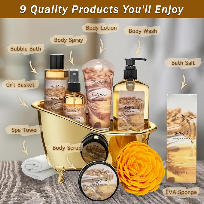 Aqua Elegante Spa Gift Basket - Luxury Bath Set with Body Wash, Bubble Bath, Lotion, Salts, Scrub, Spray, Shower Puff, Towel, Gifts for Women, Mom, Wife, Her - Honey & Almond