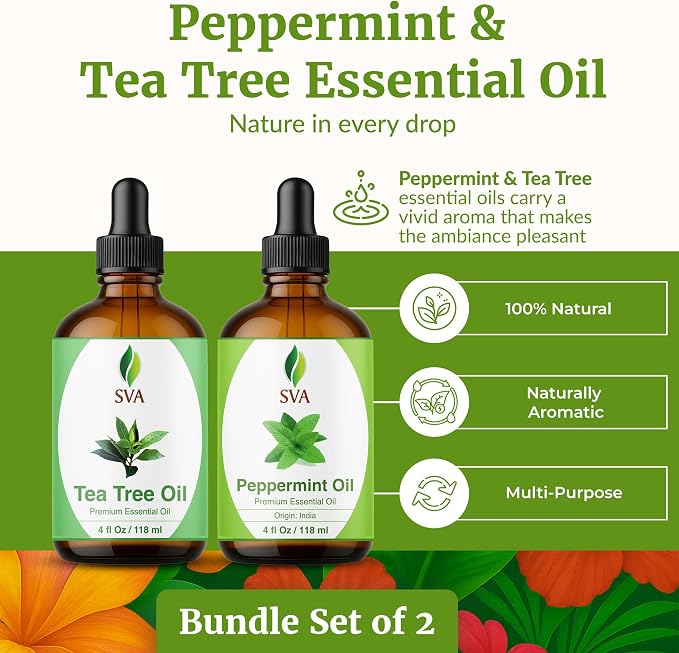 SVA Peppermint and Tea Tree Essential Oil 4 oz Bundle Super Saver Combo – Premium Grade Value Set for Hair Oiling, Scalp Massage, Hair Care, Skin Care and Body Massage