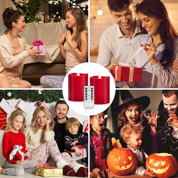 3" x 4" Red Flameless Candles - LED Pillar with Remote, Timer, Flickering, 600+ Hour Battery Life, Ideal for Christmas, Halloween, and Indoor Decor (Red, 3"*4"-2pcs)