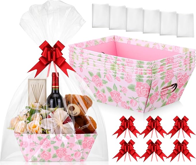 Skyygemm 6 Pack Empty Gift Baskets to Fill, Thick Cardboard Market Trays with Clear Cellophane Bag & Pull Bow, DIY Make Your Own Hamper Kit, Floral Boxes for Women Birthday Wedding(Rose)