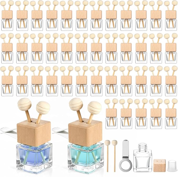 50 Pack Car Air Freshener Diffuser with Vent Clip, Clear Glass Perfume Bottle, Car Diffuser Bottles Empty Bulk for Essential Oil Perfume Glass Bottle with Wooden Caps Stick, for Auto Fragrance