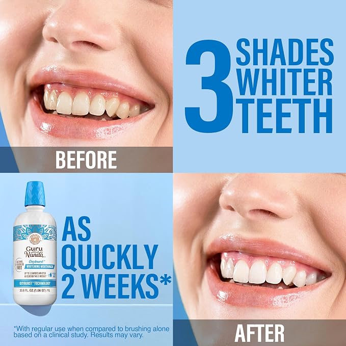 GuruNanda Whitening Mouthwash – Up to 3 Shades Whiter Teeth in 2 Weeks – Alcohol & Fluoride Free with Hydrogen Peroxide – Oxyburst Technology - Wild Mint, 33.8 oz/ 1 Liter (Pack of 2)
