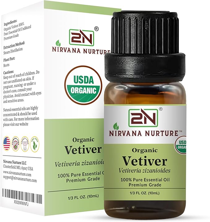 Vetiver Essential Oil, USDA Certified Organic, 100% Pure Undiluted, Aromatherapy Oil for Diffuser, Hair & Skin Care