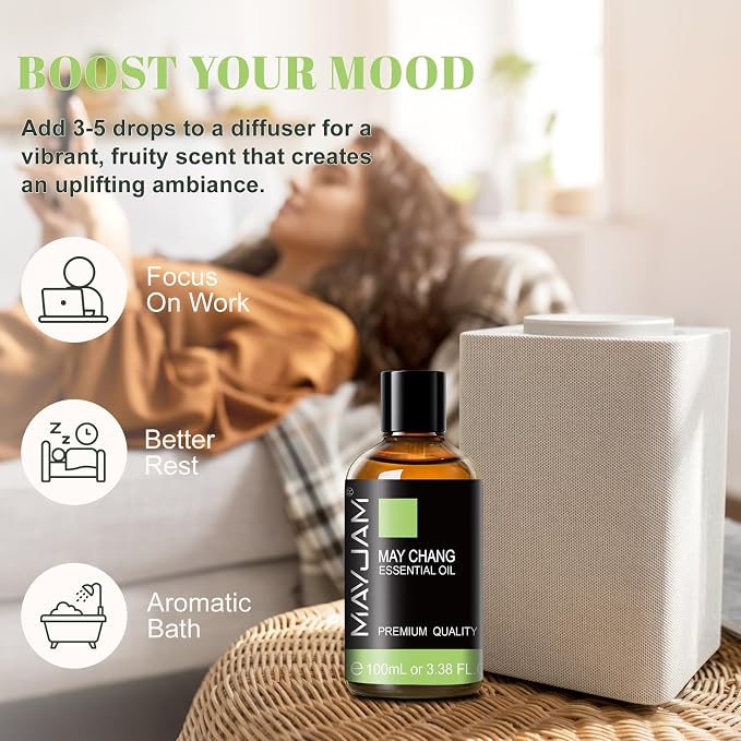 MAYJAM May Chang (Litsea Cubeba) Essential Oils 3.38 FL.OZ Pure May Chang Oil for Massage Skin Care Hair Care Diffuser Candle and Soap Making - 100ml