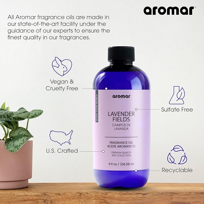 AROMAR Premium Fragrance Oil, Long-Lasting, Refreshing Uplifting Aroma for Aromatherapy, Relaxation & Household Uses. Assorted Scents 8oz (Egyptian Musk, Channel #5, Cool Waters, Lavender Fields)