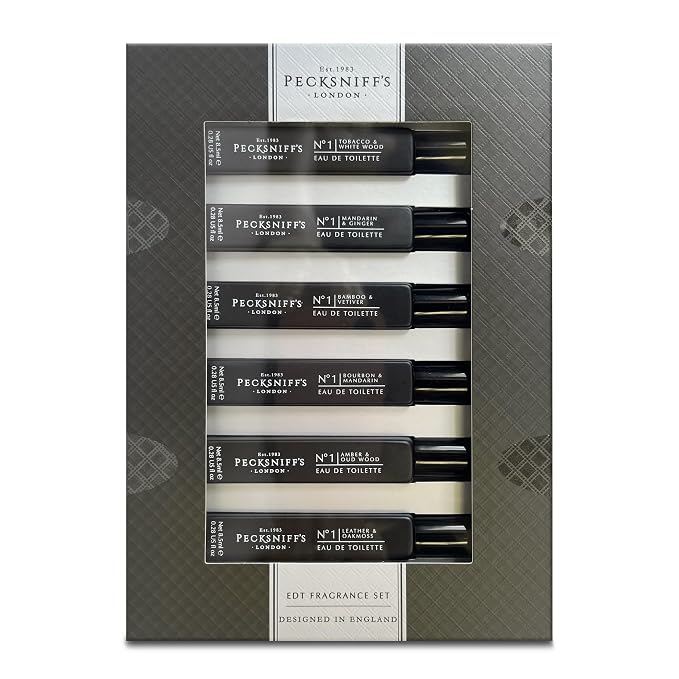 Pecksniff’s Men’s Essentials Fragrance Gift Set – 6x10 ml Eau de Toilette Collection – Luxury Mini Cologne Sampler, Designed in England