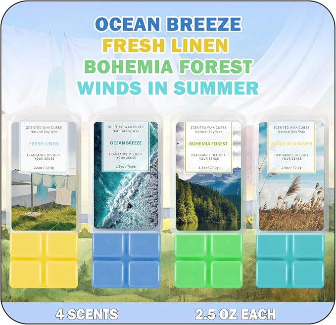 SCENTORINI Wax Melts Wax Cubes, Soy Wax Cubes for Wax Warmer, Ocean Breeze, Fresh Linen, Bohemia Forest, Winds in Summer, 4 x 2.5 oz