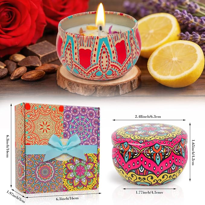 4 Pack Scented Candles for Women Gift- 8% Essential Oil Aromatherapy Candle Set, 50H Long Lasting Natural Soy Wax Candles, Travel Tin Gift Box for Stress Relief Spa Yoga Birthday Housewarming