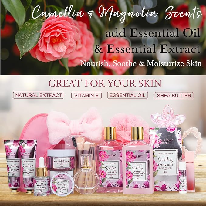 27 Pcs Spa Day Gifts Basket for Women, Camellia & magnolia Bath and Body Gift, Facial Skin Care Set, Self Care Pampering Kit, Face Serum, Lip Care, Home Spa, Birthday, Mother Day, Bridal Shower