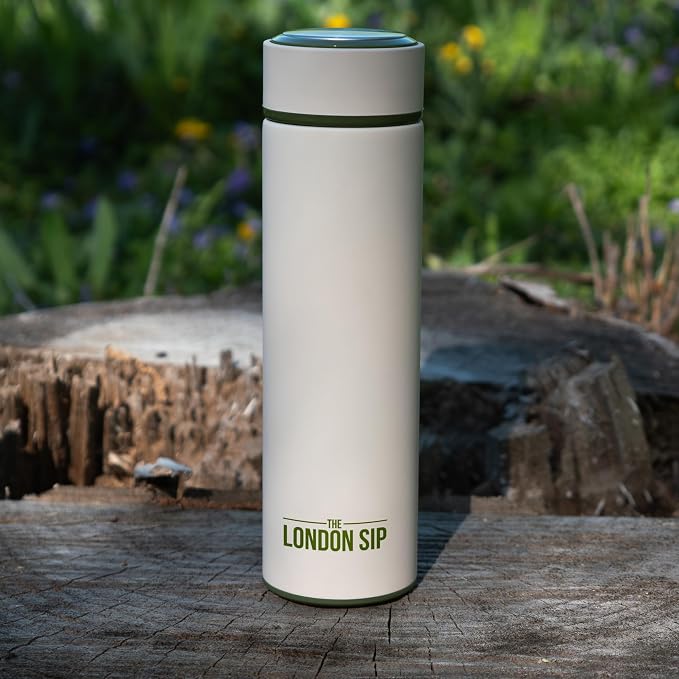 London Sip 16.9 oz Multi-Purpose Tea Infuser Mug – Fruit Infuser Water Bottle for Hot and Cold – Double Wall Stainless Steel Insulated, Safari Beige