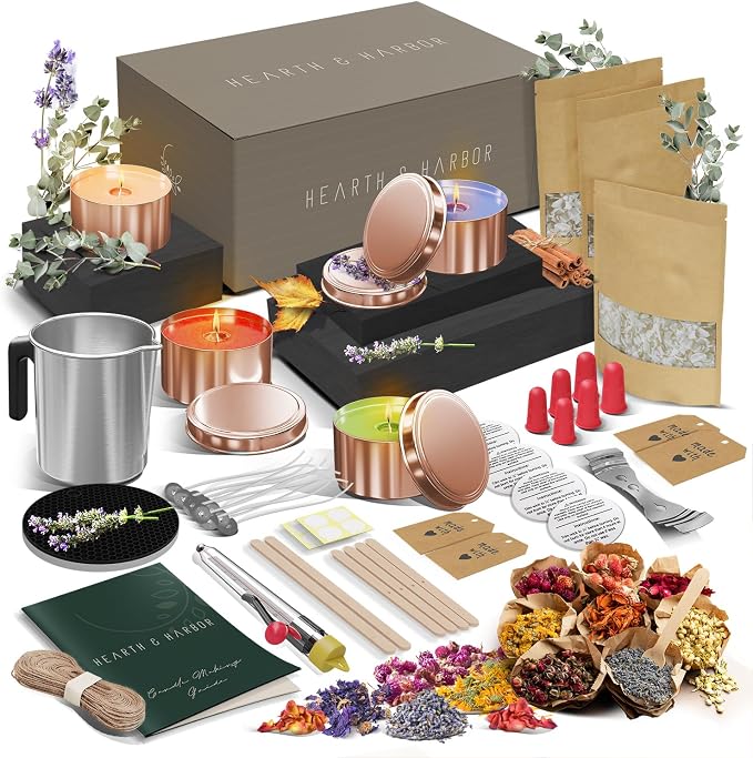 Hearth & Harbor Organic Soy Candle Making Kit for Adults, DIY Crafts, Complete Candle Making Supplies Include Natural Soy Wax, Tins, Dried Flowers, Wicks & More – Gift Idea, Perfect Home Decor – 2 Lbs
