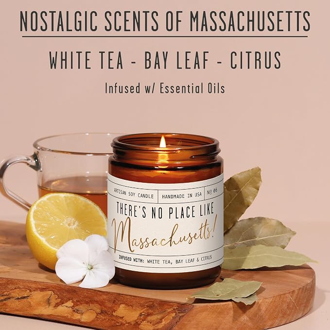 Massachusetts Gifts, Massachusetts Decor for Home - 'There's No Place Like Massachusetts Candle, w/White Tea, Bay Leaf & Citrus I Massachusetts Souvenirs State Gifts I 9oz Jar, 50Hr Burn, USA Made