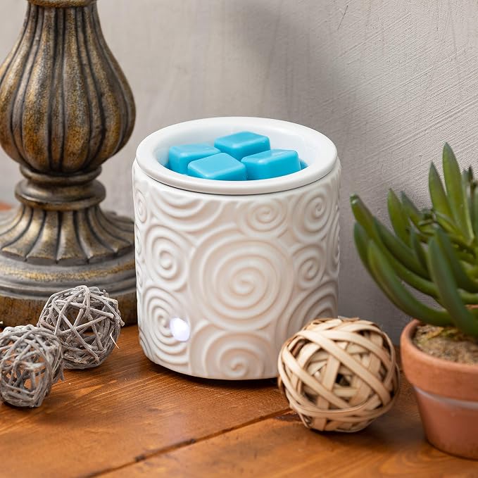 White Swirl Ceramic Candle Warmer Electric with Safety Timer | Automatic Plug in Fragrance Warmer for Scented Wax Melts, Cubes, Tarts | Air Freshener Set for Home Décor, Office, and Gifts