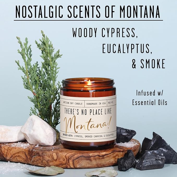 Montana Gifts, Montana Decor for Home - 'There's No Place Like Montana Candle, w/Cypress, Eucalyptus & Smoke I Montana Souvenirs I Montana State Gifts I 9oz Jar, 50Hr Burn, USA Made
