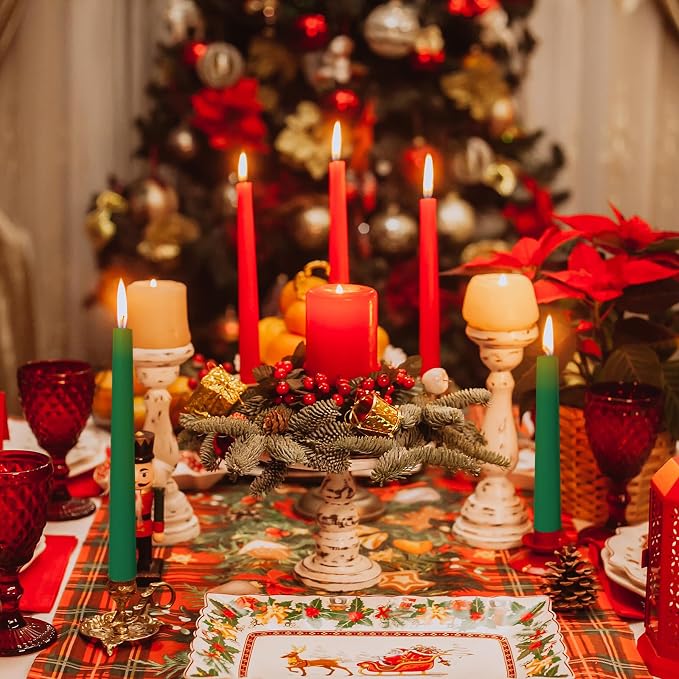 4 Green and 4 Red Taper Candles for Christmas, 12 Inch Unscented Long Candlesticks for Home, Dripelss Thin Candles for Holiday Party Decoration