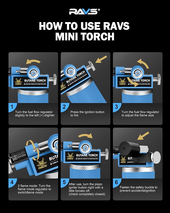 RAVS DUAL Flame Mode Butane Torch, Refillable Kitchen Torch Lighter for Creme Brulee, BBQ, DIY Soldering with Adjustable Flame & Safety Buckle, Metal Body, Blue Soldering Torch, Butane is Not Included