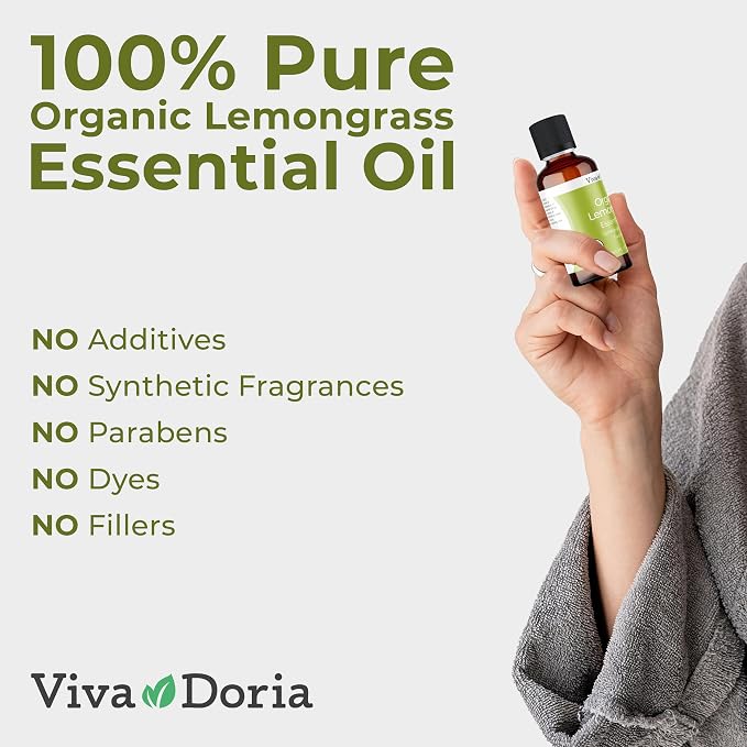 Viva Doria Lemongrass Essential Oil, USDA Certified, Organic Lemongrass Oil, 100% Pure, Natural Essential Oil, Undiluted, for Aromatherapy | Food Grade, 30 mL (1 Fluid Ounce)