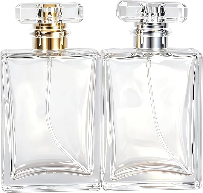 2 Pack Clear Glass Perfume Atomizer,100ml Empty Refillable Spray Bottle for Men and Women,Portable Fragrance Fine Mist Spray Bottle Perfume Dispenser for Travel (Gold+Silver)