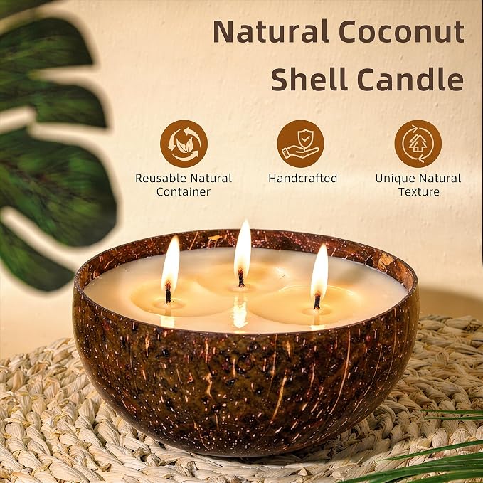 Viyffo Large Lemongrass Citronella Candles Outdoor, 3 Wick 18oz Citronella Candle Indoor, Non Toxic Soy Scented Candle, Natural Coconut Shell Jar for Patio, Garden, Backyard & Camping Décor & Gift