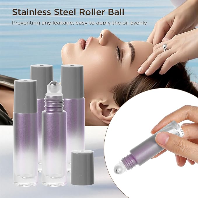 SESENSE Essential Oil Roller Bottles, 10ml Thick Glass Perfume Roller Bottles with Funnel Opener and Dropper Colored Glass Empty Bottles with Stainless Steel Roller Balls (Grey, 4 Pack)