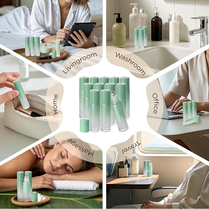 SESENSE Essential Oil Roller Bottles, 10ml Thick Glass Perfume Roller Bottles with Funnel Opener and Dropper Colored Glass Empty Bottles with Stainless Steel Roller Balls (Green, 12 Pack)