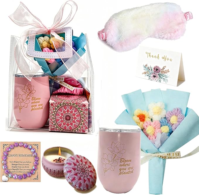 Birthday Gifts Set for Women Deluxe Gift Bag for Mother Clear Tote Spa Gift Set with Insulated Tumbler, Candle, Sleep Mask & Flower Bouquet, Care Package for Sister, Friend,Grandma, Wife
