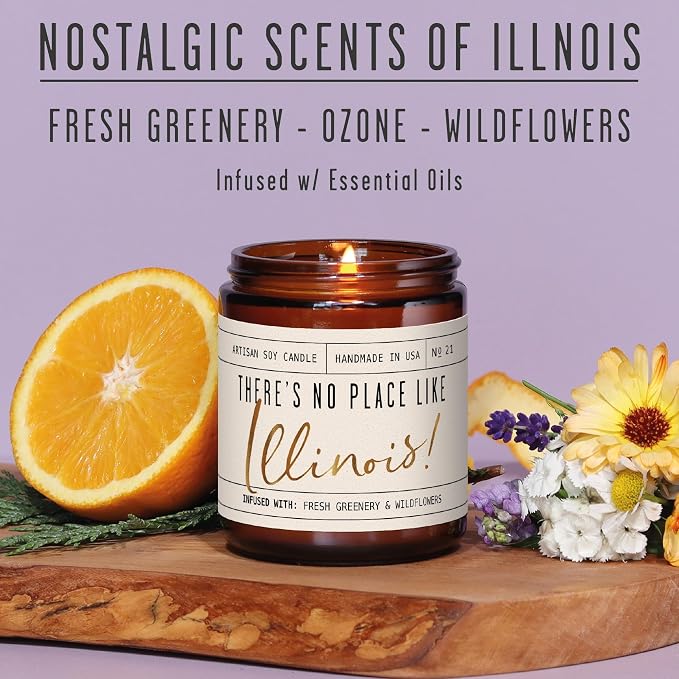 Illinois Gifts, Illinois Decor for Home - 'There's No Place Like Illinois Candle, w/Greenery, Ozone & Wildflowers I Illinois Souvenirs I Illinois State Gifts I 9oz Jar, 50Hr Burn, USA Made