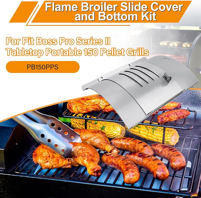 Flame Broiler Kit for Pit Boss Pro Series II Tabletop Portable 150 Pellet Grills with Slide Cover and Bottom, Heat Diffuser Replacement Parts 31971 for Pit Boss Mahogany PB150PPS Table Top Grill