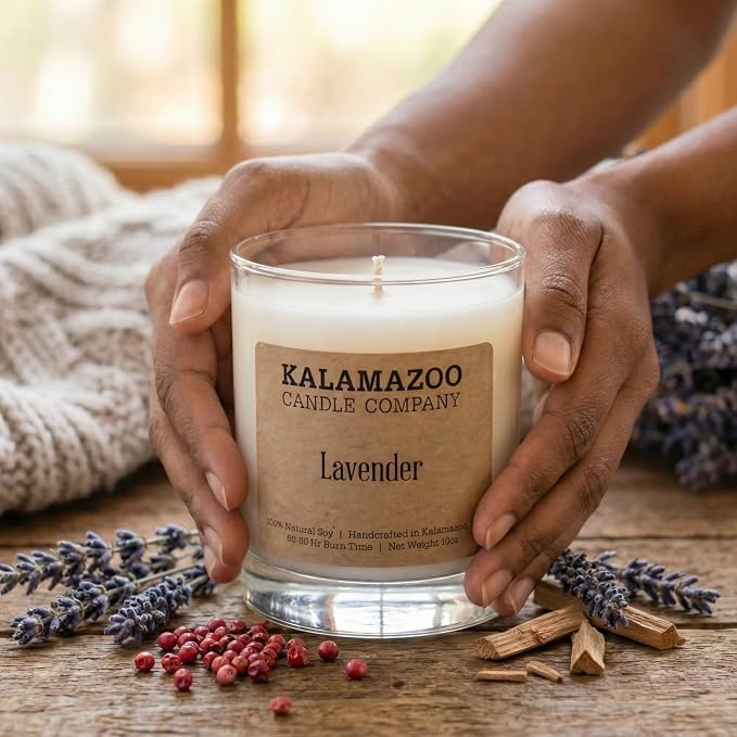 Kalamazoo Candle Company Hand-Poured Soy Wax Candle – 10oz Classic Jar, 60-80 Hour Burn Time – Made in USA, Highly Scented, Phthalate-Free (Lavender)