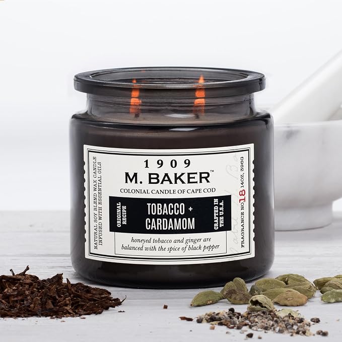 Colonial Candle Tobacco Cardamom Scented Jar Candle | 2-Wick Natural Soy Blend Wax Candle for Home | Relaxing Aromatherapy Candle Infused with Essential Oils | M. Baker Apothecary Glass Jar Candle