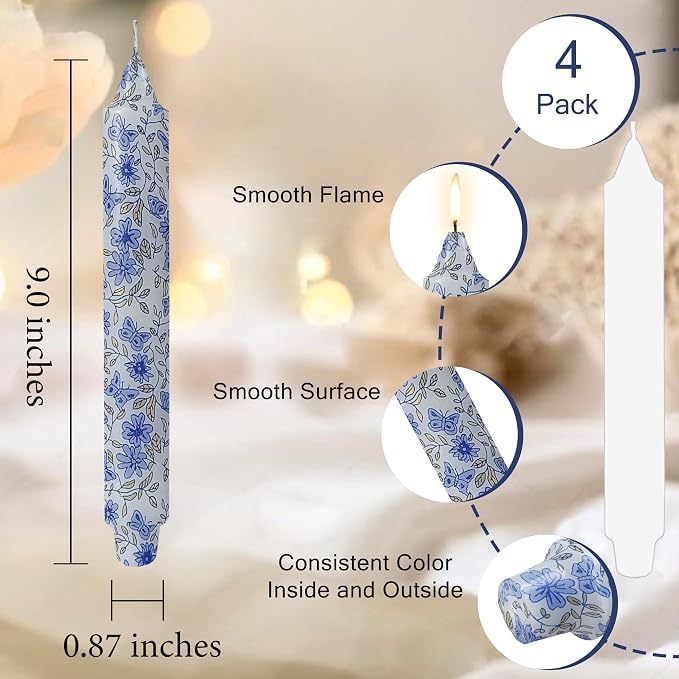 Flowers Printed Candle Taper Candles 9 inch - 4 Pack Blue and White Porcelain Candle Dripless, Smokeless, Unscented Tall Candlesticks - Perfect for Home Decor, Weddings, and Special Occasions