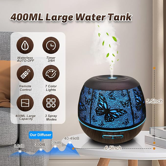 Roonbo Diffusers for Essential Oils Large Room 400ml,Essential Oil Diffuser for Home with R/C,Cool Mist Humidifiers for Bedroom,7 Colors Changed & 3 Mist Mode Waterless Auto Off for Decor Butterfly