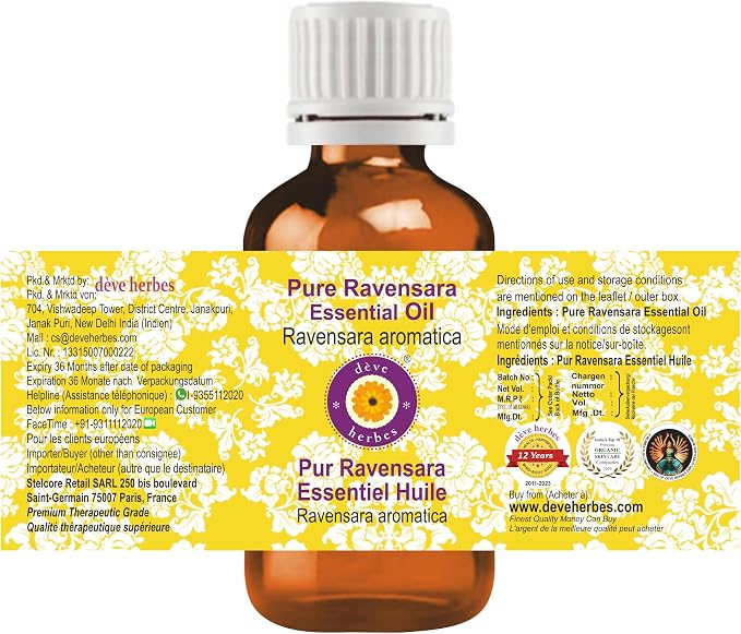 dève herbes Ravensara Essential Oil (Ravensara aromatica) Pure | Non-Sticky | Non-Greasy | Lightweight | Men & Women | All Skin Types | Steam Distilled 10ml (0.33 oz)