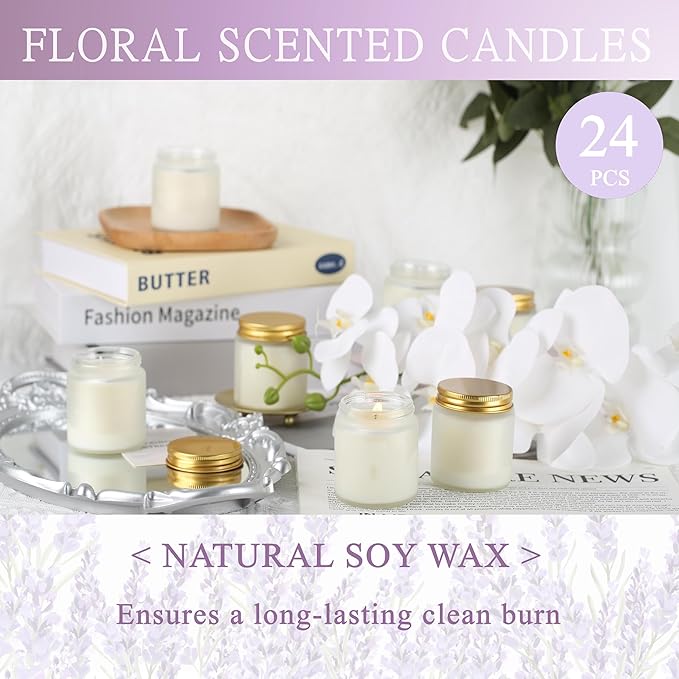 24 Pcs 4 Oz Mason Jar Candles, Lavender Scented Soy Candles Bulk Set for Stress Relief and Relaxation, Great Favors for Wedding, Christmas, Housewarming Gifts (Gold,Frosted Glass, Lavender, 24)