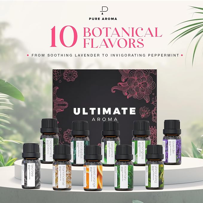 Essential Oils by Ultimate Aroma Top 10 Aromatherapy Oils Gift Set - Lavender/Tea Tree/Eucalyptus/Peppermint/Lemongrass/Sweet Orange/Bergamot/Frankincense/Rosemary/Ylang Ylang (10ml).