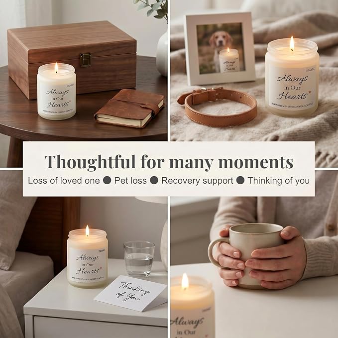 Sympathy Gift for Loss of Loved One - Always in Our Hearts Memorial Candle, Lavender Scented Soy Wax, Bereavement Gifts for Grief Support, 40 Hour Burn Time, Condolence Gift (H102)