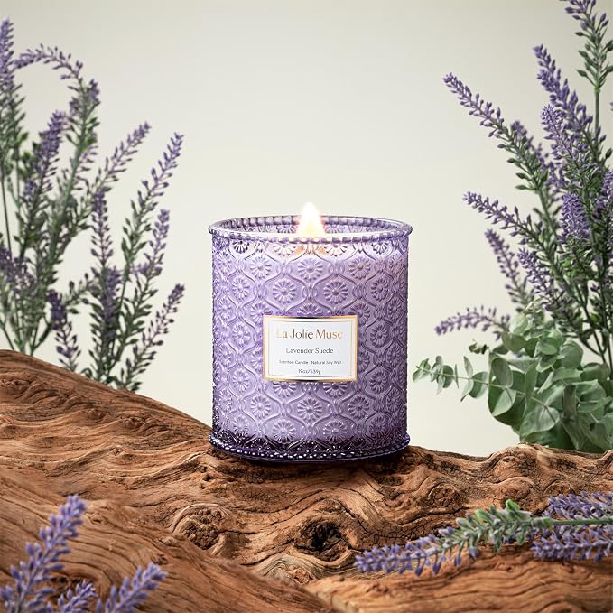 LA JOLIE MUSE Lavender Suede Scented Candles for Home,19 oz Natural Soy Wax | Large Jar Luxury Candle, Clean Non Toxic, Gift for Women & Men, Relaxing Aromatherapy, Decorative Purple Candles, Wood Wick