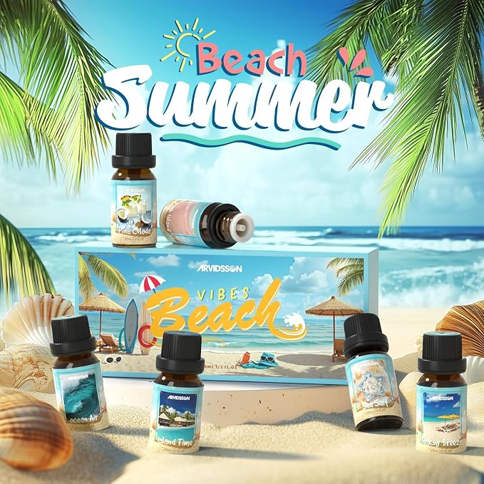 ARVIDSSON Beach Fragrance Oils Set, Summer Essential Oils for Diffuser - Beachy Breeze, Ocean Air, Pina Colada, Pink Sand, Sea Salt, Island Time, Tropical Scented Oil for Home, Candle Making