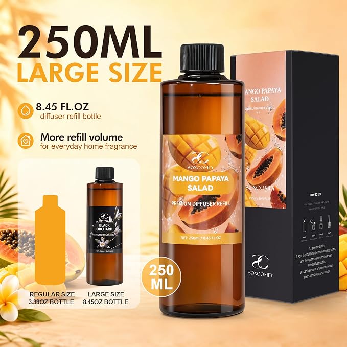 Diffuser Oil Refill, 250ml / 8.45 fl oz, Mango Papaya Salad - Reed Diffuser Oil Refill for Home Fragrance, Scented Oil for Reed Diffuser Bottles, Citrus, Mango & Melon Notes
