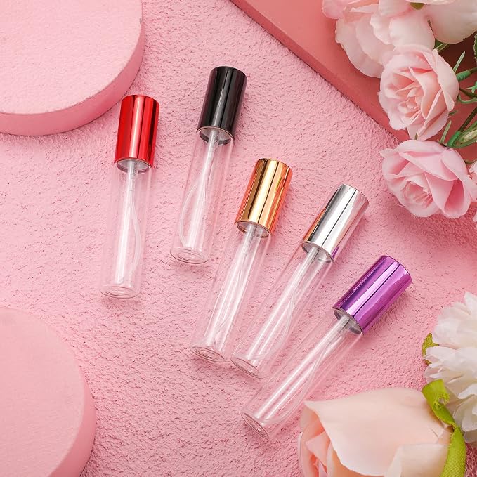 Yinder 25 Pcs 10ml Travel Spray Bottle Refillable Perfume Atomizer Bulk Glass Mini Cologne Perfume Bottles Empty Fine Mist Portable Small Sample Containers(Black, Red, Purple, Gold, Silver)