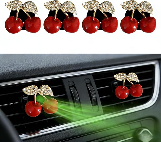 4Pcs Cherry-Shaped Car Air Freshener Vent Clips with Rhinestones, Unscented Cute Car Air Freshener for Men Women, Fragrance Diffuser Clip for Car and Truck Air Fresheners, Sparkling Decor-A10