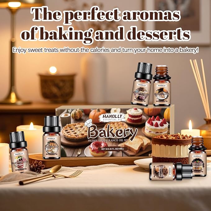 Bakery Essential Oils Set, Premium Fragrance Oil for Diffusers, Scented Oils for Soap & Candle Making, Pumpkin Pie, Apple Pie, S'Mores, Red Velvet Cake, Strawberry Shortcake,Glazed Donut