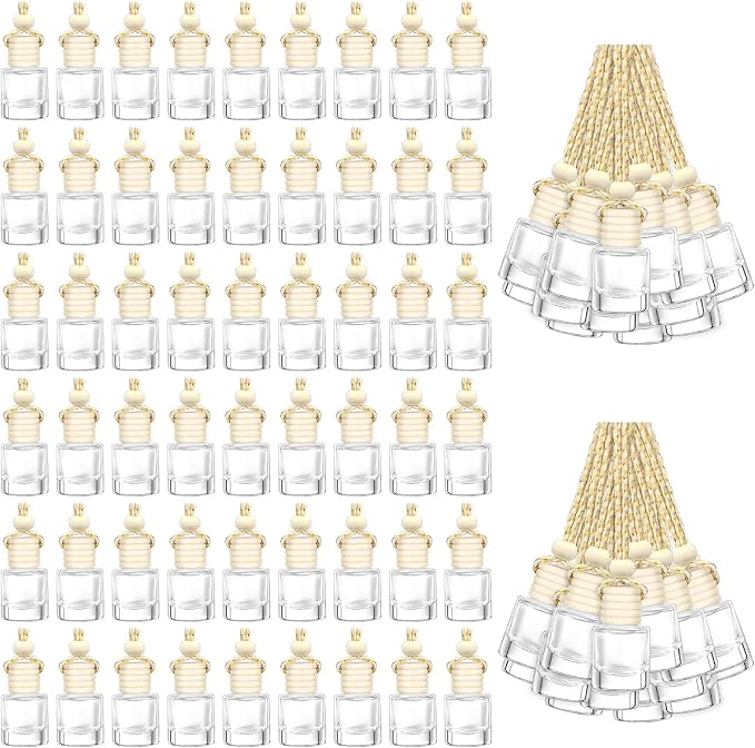 200 Pcs 8 ml Hanging Car Air Freshener Diffuser Bulk Clear Empty Essential Oil Diffuser Bottles Aromatherapy Fragrance Perfume Pendant Glass Vials Car Interior Ornament Decoration