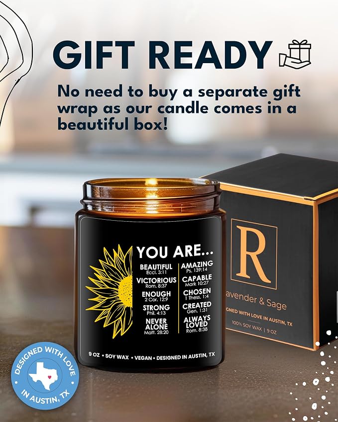 Christian Candle, Spiritual Gifts, Inspirational Christian Gifts for Women Faith, Bible Gift for Woman, Scripture Gift for Woman, Catholic Religious Presents for Women Sunflower