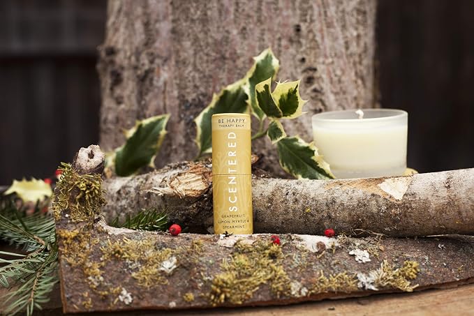 Scentered Aromatherapy Happy Balm Christmas Stocking Gift for Positivity & Gratitude - Essential Oils Roll On with Lemon & Grapefruit - Self-Care Stocking Stuffers for Women